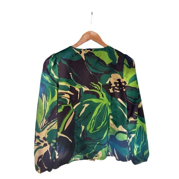 Sarah cambell abstract floral green and blue maximalist button up blouse sz XS - Picture 3 of 5